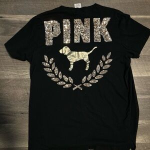 PINK Victoria's Secret Black Tee with Sequin Dog and Logo